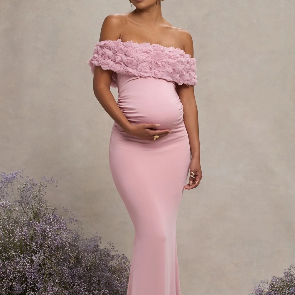 Club L London - Blush Pink Mesh Floral Bardot Maternity Maxi Dress